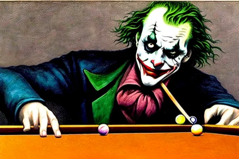 Image similar to a portrait of the joker playing pool by alan lee