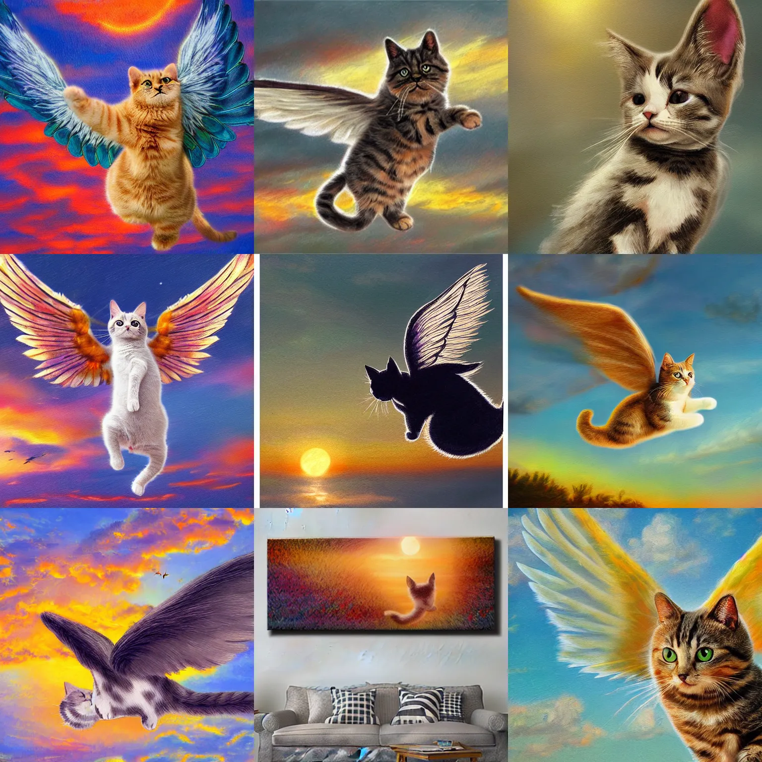 Prompt: a photograph of cute cat with wings flying towards the sunset, highly detailed, photorealistic, impressionism style