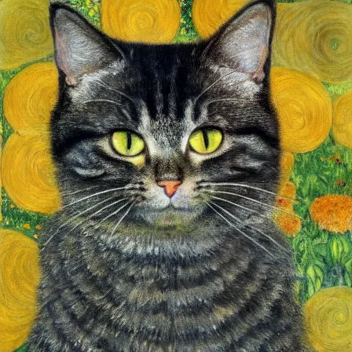 Image similar to portrait of a very fluffy dark tabby cat with green eyes eating cat food, happy cat, canned food, moonlight, full body, smiling cat, golden colors, flowers, intricate, elegant, highly detailed, smooth, sharp focus, illustration, art by gustav klimt