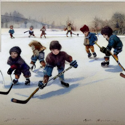 Image similar to ( ( ( ( ( 1 9 5 0 s kids playing hockey on a sunny winter. muted colors. ) ) ) ) ) by jean - baptiste monge!!!!!!!!!!!!!!!!!!!!!!!!!!!