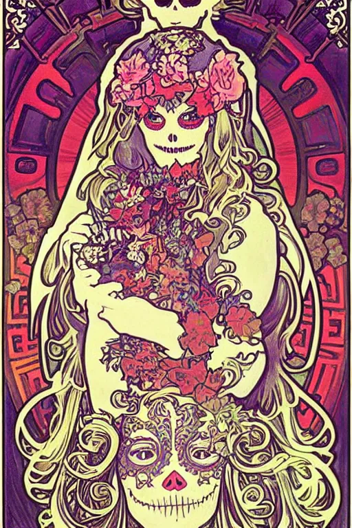 Prompt: Illustration of a sugar skull day of the dead girl, art by alphonse mucha