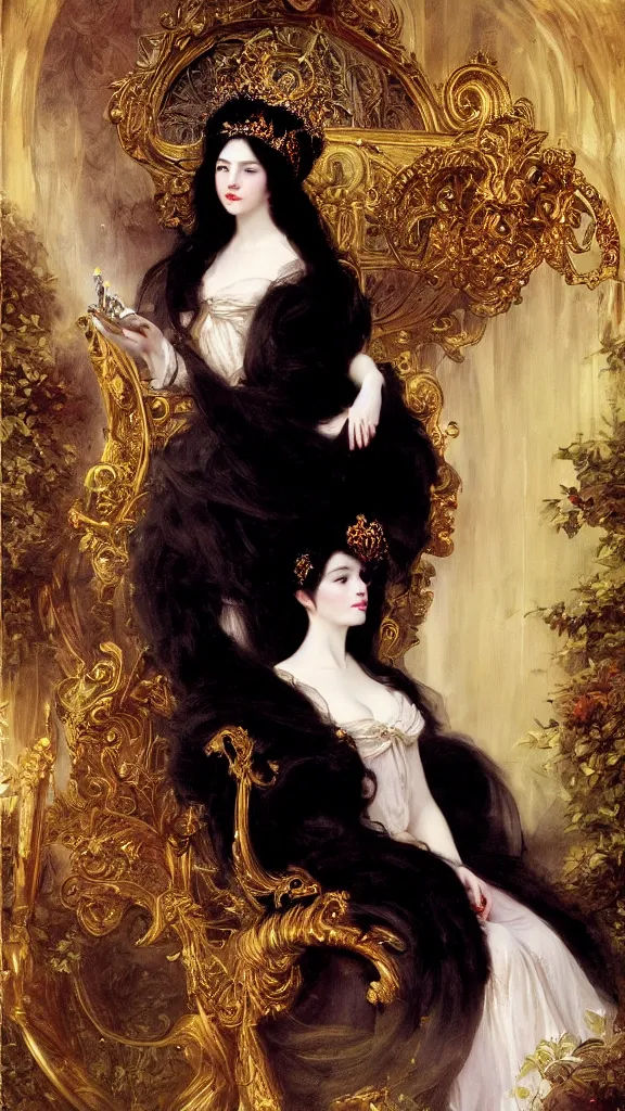 Image similar to a beautiful black haired woman with pale skin and a crown on her head sitted on an intricate metal throne by franz xaver winterhalter and delphin enjolras and rebecca guay