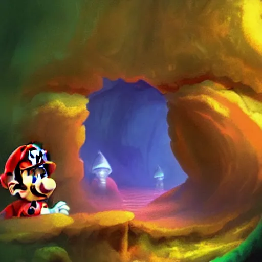 Image similar to the abyss, cave portal entrance into the Mushroom Kingdom, super mario theme, fantasy artwork, award winning, very very very very beautiful scenery, artstation