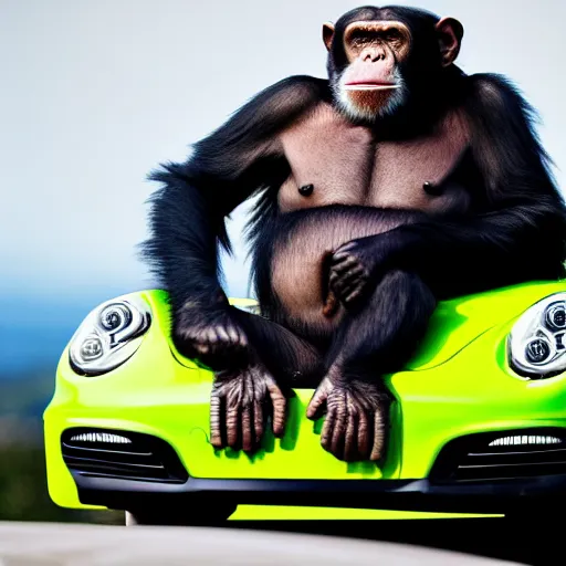 Prompt: a chimpanzee in a racing suit sitting in a porsche cabrio, photography, commercial photo