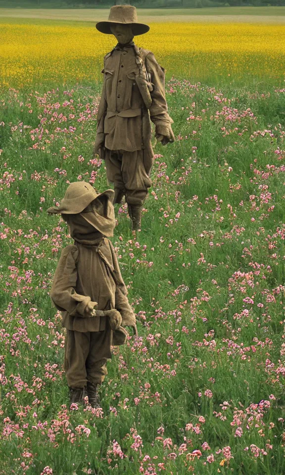 Image similar to scarecrow in beautiful meadow of flowers, ww1 photo, grainy, high detail, high resolution,