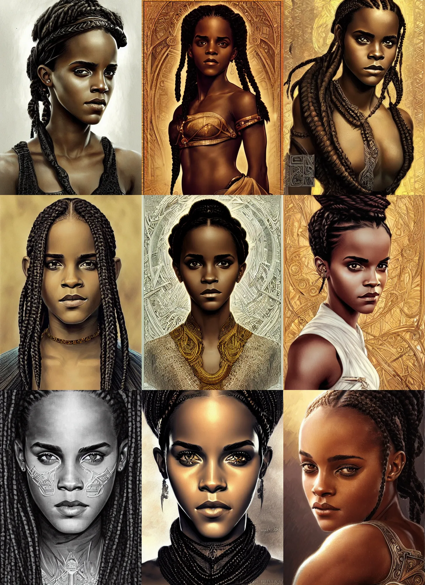 Prompt: black african emma watson symmetrical portrait, cornrows braids, intricate, elegant, highly detailed, concept art, sharp focus, illustration, aleksi briclot, rutkowski, alphonse mucha