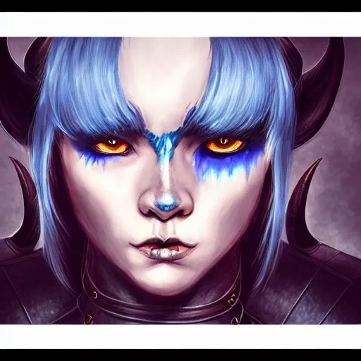 Image similar to illustrated realistic portrait female ram-horned kobold blue hair with black evil devil eyes wearing strap leather armor by rossdraws