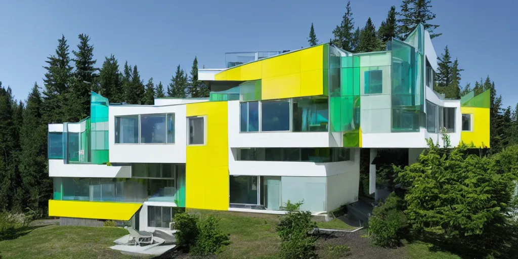 Image similar to large futuristic residence, cascadian, white concrete, large blue and green windows, yellow and green metal, triangular elements