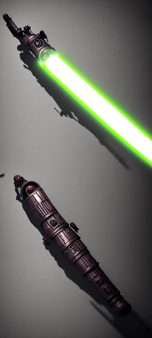 Image similar to ultra - detailed cinematic render, of a lightsaber hilt, that lies vertically on a round carved stone, lit up in a dark room, photo from above, octane render, deviantart, high quality, digital art, 8 k, jedi fallen order, volumetric lighting