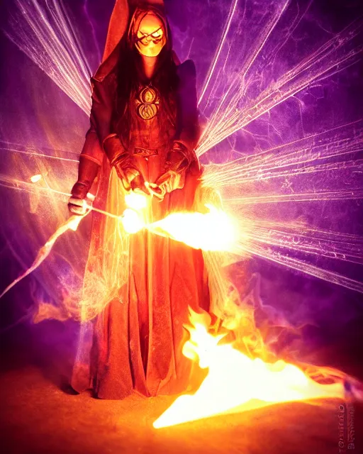 Image similar to pyromancer witch cover in purple flames, deep pyro colors, purple laser lighting, award winning photograph, radiant flares, realism, lens flare, intricate, various refining methods, micro macro autofocus, evil realm magic arts, polaroid picture taken by michael komarck - daniel dos santos