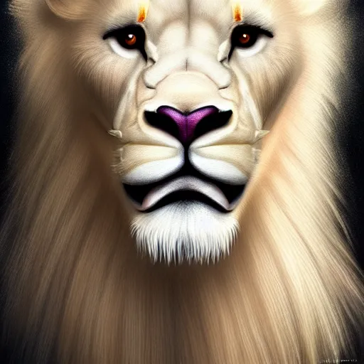 Image similar to a beautfiul aesthetic commission portrait of a anthro albino lion wearing a supreme t-shirt,attractive beautiful face,detailes face,natural lighting,fantasy art,deviantart,artstation,character design by charles bowater,ross tran,4k,photorealistic