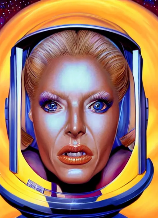 Image similar to portrait of a blonde alien plejaren woman inside a spaceship wearing a space uniform, beautiful face, hyper realistic, highly detailed digital painting by earl norem, artstation illustration co