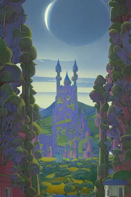 Prompt: view of the mysterious blue tower in its gardens after a storm, tall windows lit up, beautiful ornamental architecture, dramatic cinematic lighting, rich colors, by Nicholas Roerich and William Dyce and April Gornik and Sylvain Sarrailh and Ludwig Deutsch and Diego Rivera, fairytale illustration, featured on artstation