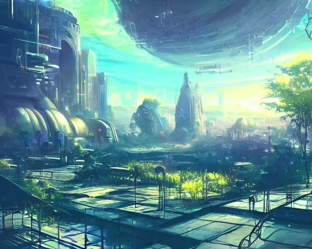 Prompt: scenery artwork, scene beautiful, light!! light essential futuristic city world and nature vegetation with daylight, surrealism oil on canvas, artstation!! pixiv!! dream scenery, quality astral projection render, nier automata concept art, vaporwave textures