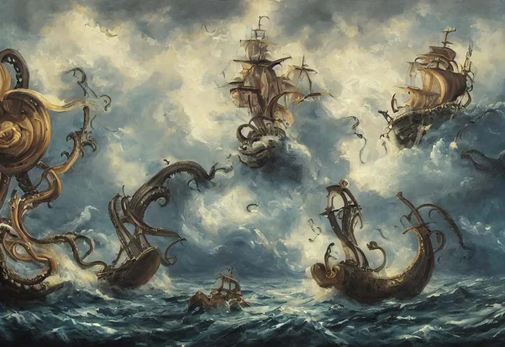 Image similar to oil painting of a kraken attacking a pirate ship