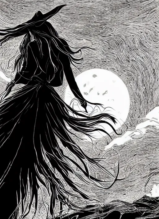 Image similar to portrait, A Witch from behind with long hair levitating in front of the full big moon, book cover, red white and black colors, establishing shot, extremly high detail, foto realistic, cinematic lighting, pen and ink, intricate line drawings, by Yoshitaka Amano, Ruan Jia, Kentaro Miura, Artgerm, post processed, concept art, artstation, matte painting, style by eddie mendoza, raphael lacoste, alex ross