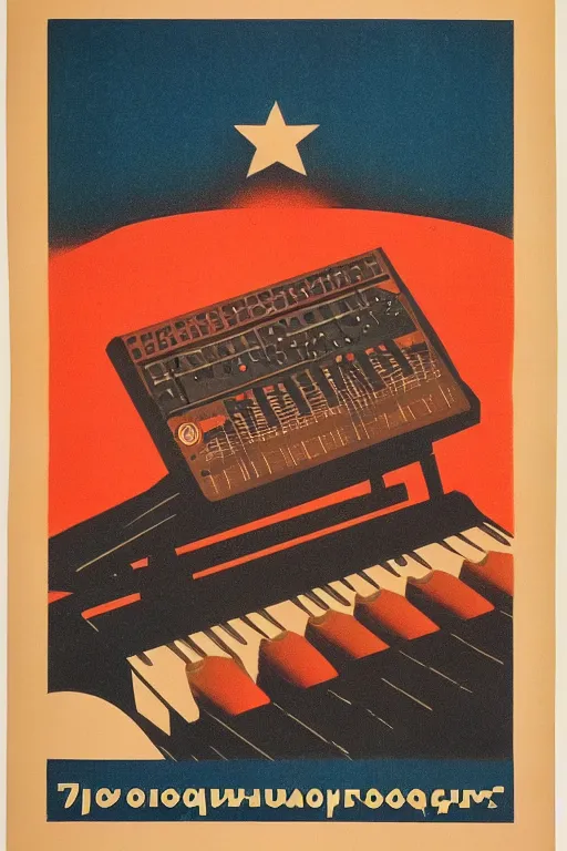 Prompt: soviet propaganda poster of a sound synthesizer in the sunset