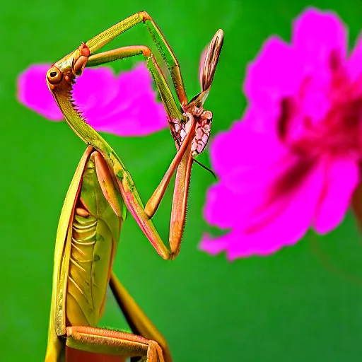 Image similar to macro praying mantis, detailed, floral, dreamy, colorful