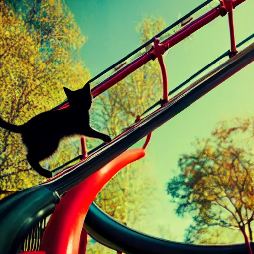 Image similar to black cat on a rollercoaster. the cat is enjoying the ride. sunlight. polaroid photo. saturated colors.