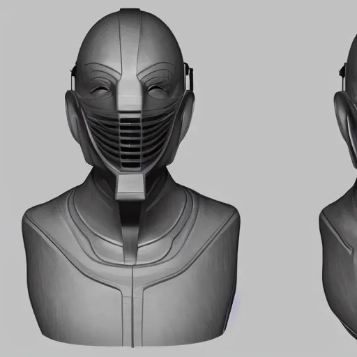 Image similar to concept design for a solid plate featureless metallic mask, 3 d render, volumetric lighting, unreal engine