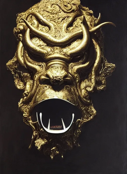 Prompt: highly detailed oil painting | very intricate | cinematic lighting | award - winning | the bull mask by alexander mcqueen, 9 0 mm | by roberto ferri, by leng jun, by j. c. leyendecker and klimt, american romanticism, by austin osman spare, artstation, cgsociety, official art, octane