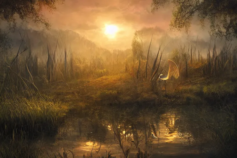 Image similar to fantasy painting, dungeons and dragons, a faerie village, swamp reeds wetland marsh sunset estuary, with ominous shadows, an egret by jessica rossier and brian froud cinematic painting