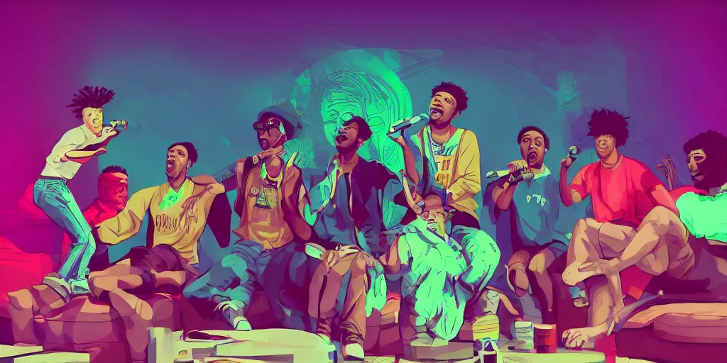 Image similar to four friends rapping with microphone in living room, caucasian, black, indian, Hispanic, women, men, epic poses, distinct figures, digital art, vaporwave, psychedelic, surreal, hip hop, trending on Artstation, professional artist, detailed, 4k