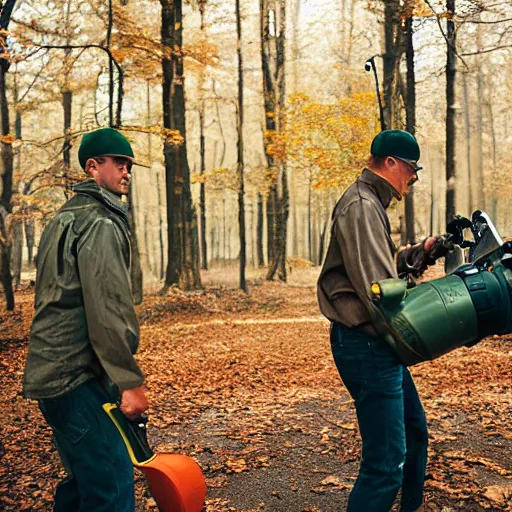 Image similar to men with leaf blowers fighting the falling leaves in a forest, detailed face, CANON Eos C300, ƒ1.8, 35mm, 8K, medium-format print