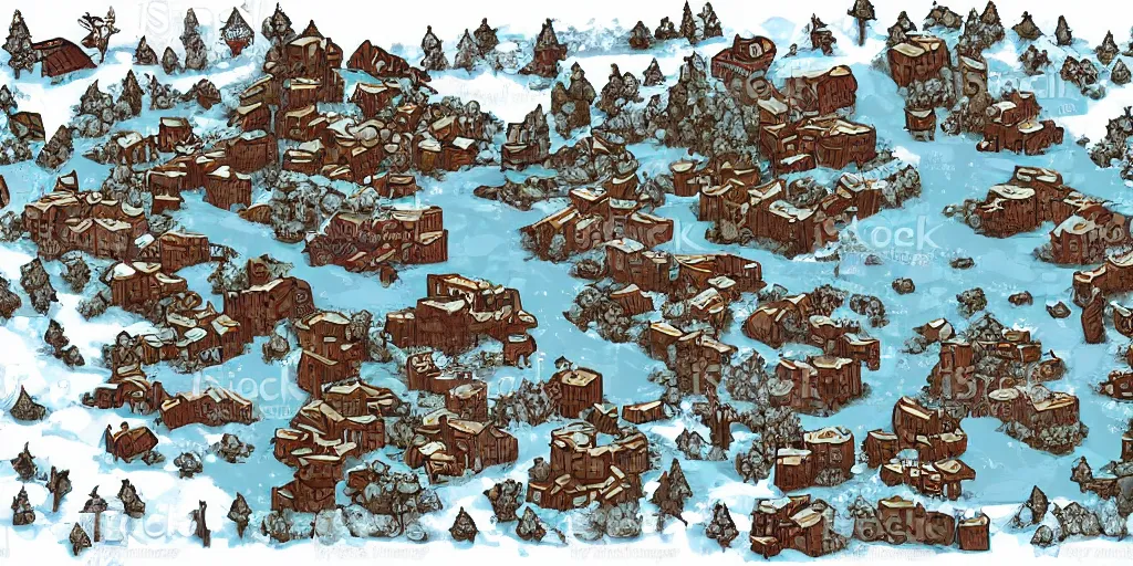 Image similar to a high detailed winter snow ice fantasy bandit camp vector art an aerial view of a cartoonish rpg village by dungeondraft, dofus, patreon content, hd, straight lines, vector, grid, dnd map, map patreon, fantasy maps, foundry vtt, fantasy grounds, aerial view, dungeondraft, tabletop, inkarnate, dugeondraft, roll 2 0