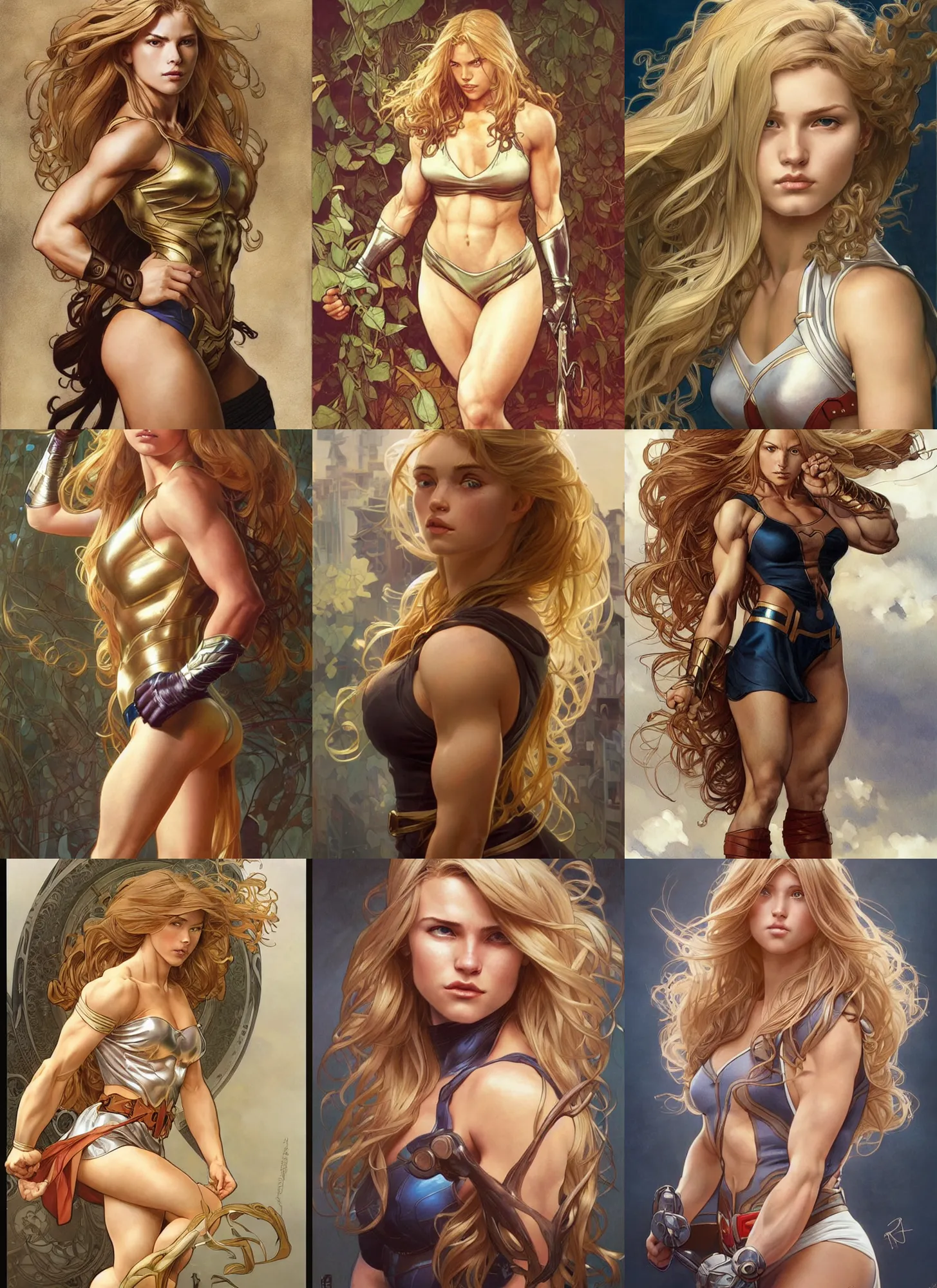 Prompt: a very muscled and young superhero girl with a focused face and extremely long blonde wavy hair, intricate detailed face, artgerm, greg rutkowski, alphonse mucha, francine van hove