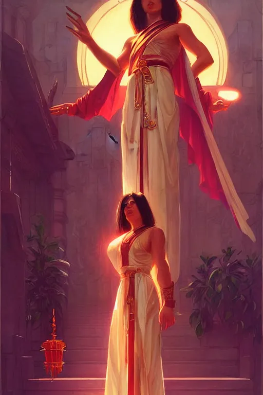 Image similar to temple, taoism, synthwave, painting by greg rutkowski, j. c. leyendecker, artgerm