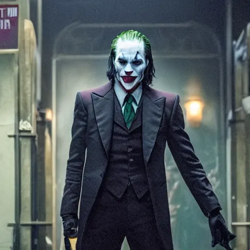 Prompt: film still of Keanu Reeves as joker in the new Joker movie
