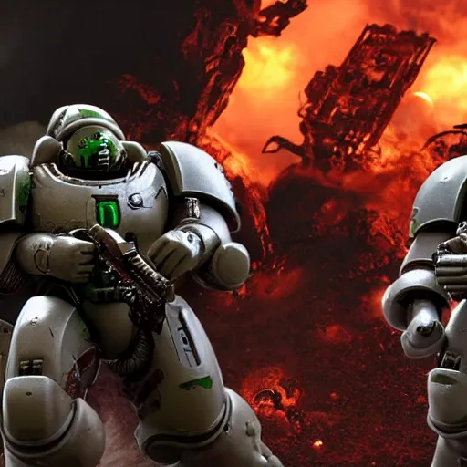 Prompt: Doom Guy vs Space Marine, HD, award winning, 8K cinematic, destruction, asymmetric ground, final battle, complex details, sharp focus, realistic