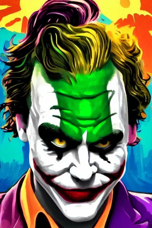 Prompt: new joaquin phoenix joker comic panel, remove duplicate content!!!!, violet polsangi pop art, gta chinatown wars art style, bioshock infinite art style, incrinate, realistic anatomy, hyperrealistic, green and purple color, white frame, content balance proportion