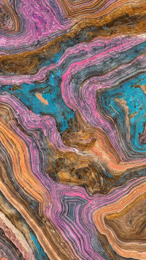 Image similar to vivid and pastel colors, folded, deep tessellated planes and shelves of rock, alien sedimentary schematic, igneous rock, marbled veins, macro photography, 3D!!! diorama, depth of field with a patina of inlaid circuitry, layers of strata, mineral grains, dramatic lighting, rock texture, sand by James jean, geology, octane render in the style of Luis García Mozos