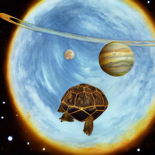 Prompt: a solar system orbiting around a turtles head, artwork by Michael Böhme