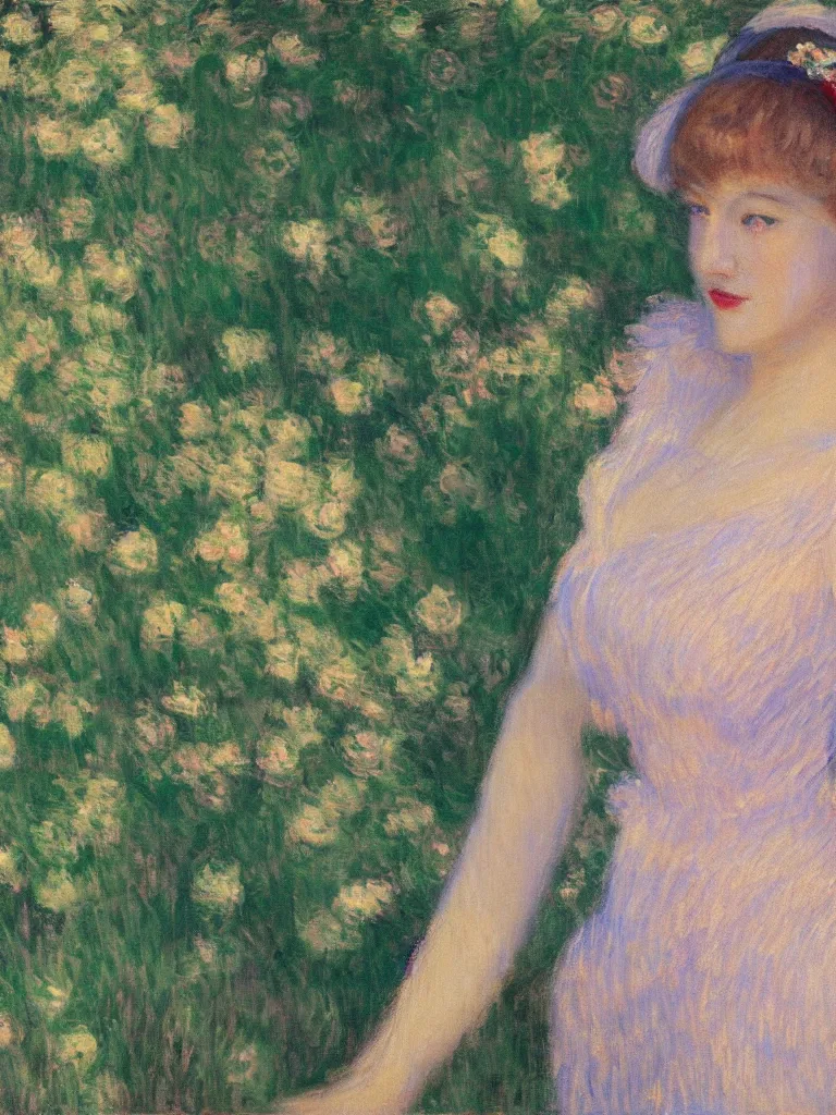 Image similar to portrait of < zelda fitzgerald > as a beautiful young lady, in the sun, slim, out of focus, pleinairism, backlit, closeup, oil on canvas, atr by monet, in the style of le promenade, smooth, impressionnisme, 8 k