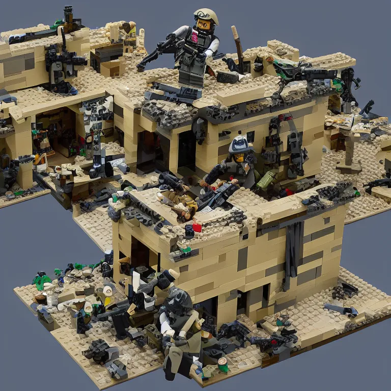 Image similar to navy seals raid osama bin laden's final hideout in abbottabad, pakistan lego set product marketing, photorealistic, studio lighting, highly detailed