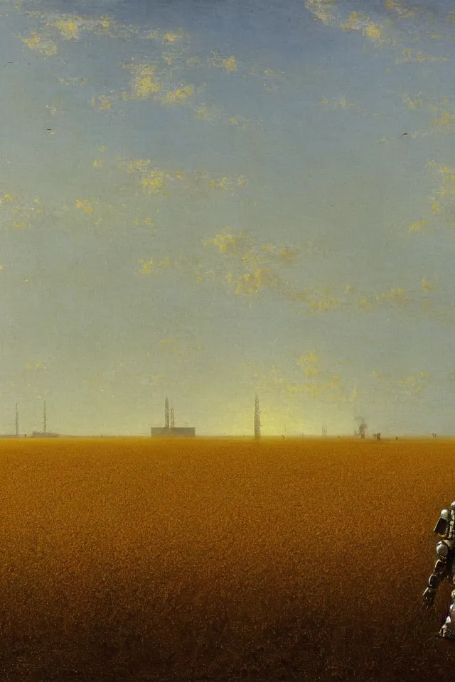 Image similar to painting of the back view of a terminator-like robot, standing in the vast yellow wheat fields, looking at five distant gargantuan tall buildings by Ivan Aivazovsky