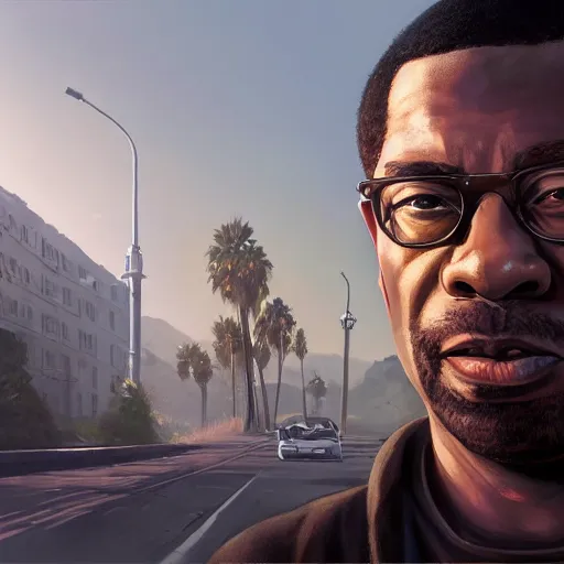 Image similar to highly detailed portrait, carl johnson cj, in gta v, stephen bliss, unreal engine, fantasy art by greg rutkowski, loish, rhads, ferdinand knab, makoto shinkai and lois van baarle, ilya kuvshinov, rossdraws, tom bagshaw, global illumination, radiant light, detailed and intricate environment