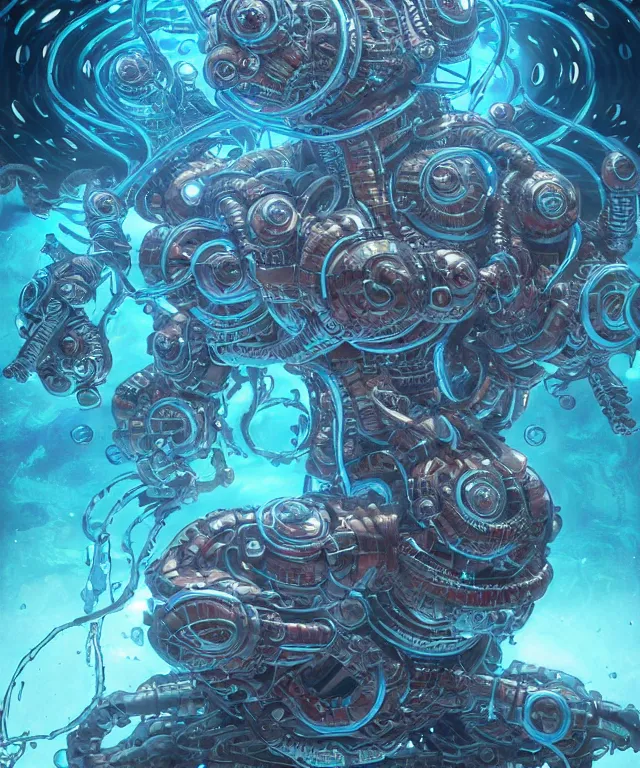 Prompt: a cyborg water demon surrounded by power sigils, centered composition, crisp 8 k line art, digital painting, artstation, unreal engine, octane render, emissive lighting, concept art, matte, sharp focus, hyper realistic lighting, illustration, art by shintaro kago and james jean