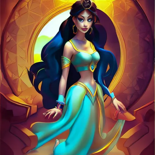 Image similar to princess jasmine, artstation hq, dark phantasy, stylized, symmetry, modeled lighting, detailed, expressive, created by hideo kajima