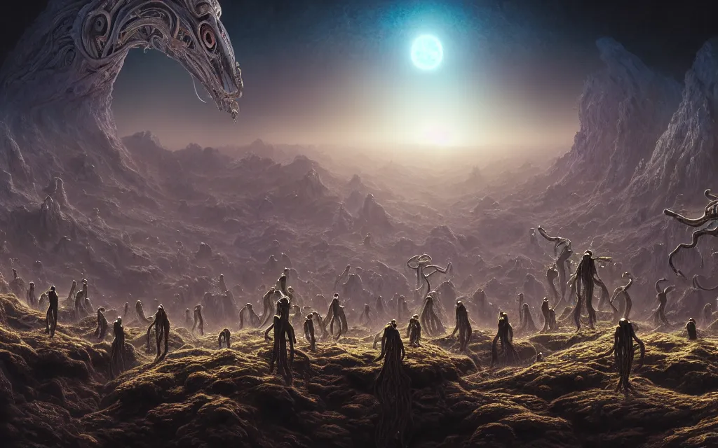 Image similar to a group of bizarre aliens on an alien planet, beautiful atmosphere, colorful, beautiful detailed intricate insanely detailed octane render trending on artstation, 8 k artistic photography, photorealistic, volumetric cinematic light, chiaroscuro, salvador dali, hieronymus bosch, alex grey, beksinski, giger,