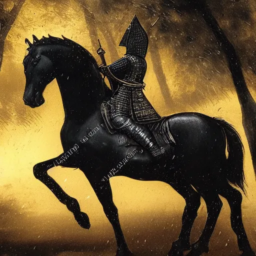 Image similar to a knight riding a shadow horse, knight's face is covered in black, rain, forest