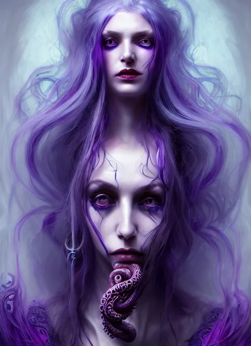 Prompt: beautiful woman with long white hair and purple eyes, blue lips, wearing torn clothes, draped in many limbed steampunk tentacles, intricate, elegant, highly detailed, digital painting, artstation, concept art, smooth, sharp focus, octane render, art by ernst fuchs and ben templesmith