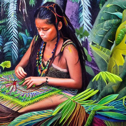 Image similar to a beautiful painting of a young indigenous female crafting a fabric in the jungle, realistic face, ayahuasca, fantasy art style, matte painting, highly detailed