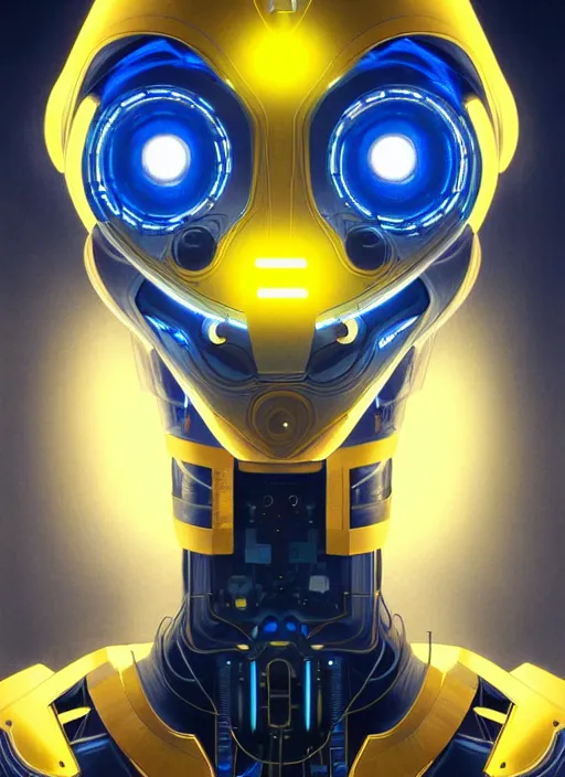 Image similar to symmetry portrait of a robot grinning, sci - fi, tech wear, blue and yellow glowing lights, intricate, elegant, highly detailed, digital painting, artstation, concept art, smooth, sharp focus, illustration, art by artgerm and greg rutkowski and alphonse mucha