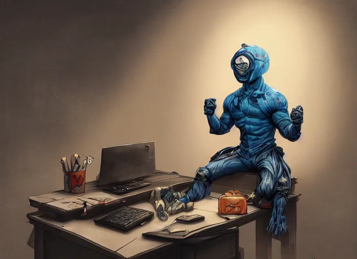 Image similar to an insanely detailed painting of an asian man wearing a homemade superhero costume, sitting at a desk, staring seriously at the computer and typing, in the style of peter mohrbacher, james jean, dramatic lighting and composition, surreal background, octane render, pixar, trending on artstation, concept art, comic book, view from behind, 8 k