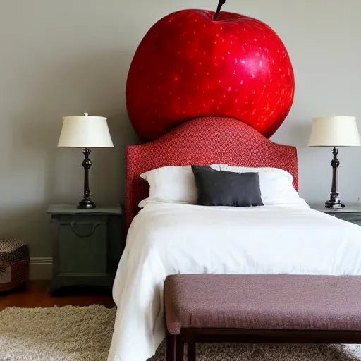 Prompt: a giant apple over a bed in a 40's bedroom