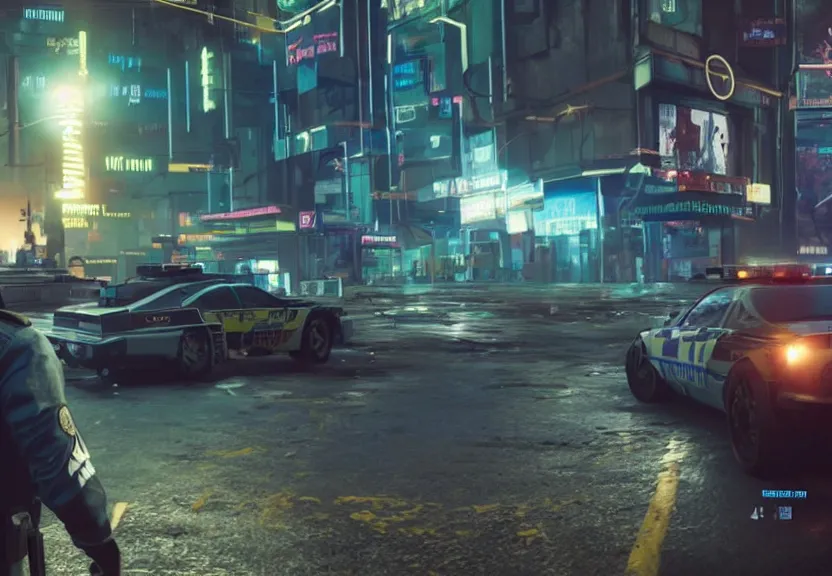 Image similar to Hezbollah Magomedov in cyberpunk 2077 fighting police